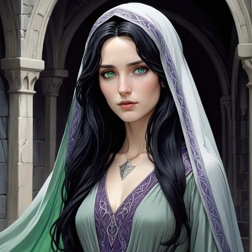 Prompt:  human lady of Minas Tirith Gondor with darker black hair  and darkish purple eyes of Tolkien's Middle Earth kinda very  80s style and loose  headveil  loosely draped and revealing her  very night dark  raven wavy flowing hair head anime look feel detailed defined loose bright vivid rich flowy detailed loose flowy vivid light pale silvery skyblue  green gown dress  with patterns and desighns detailed in full body pic