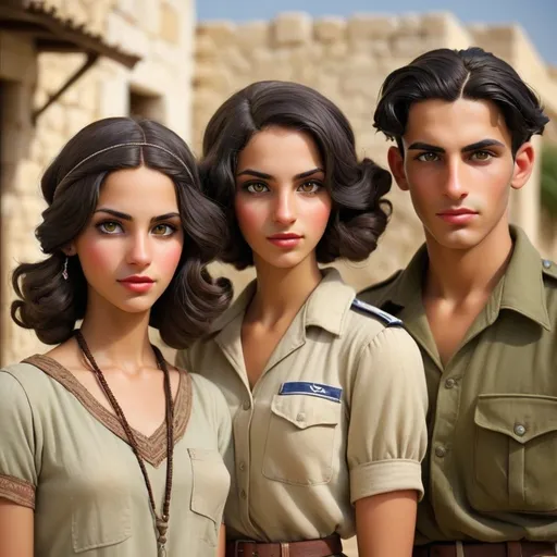 Prompt: Very realistic, very vibrant,authentic looks and feel israeli  very mid to late 1920s true period and place style period styles real realistic looks 1920s in Israel style women with 1920s hairstyles guys shorter natural like hair kinda buffed strong looking kinda kinda lighter olive skin color attractive/handsome very youth both male and female very israelis sabras look in israel in israeli kibbutz and towns very 1929s Israeli fashions styles looking real like authentic natural looking very israeli style very Israeli look ansd feel Israeli vivid like colors full body shots pics young people in group settings variety of realistic real like physical types and lookshaving some lighter fairer looking  types and very Israeliana vivid colors with jet or raven black very dark hair to lighter blondish