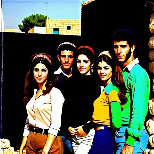 Prompt: Very high quality realistic, very vibrant,authentic looks and feel  energetic, israeli 1960s true to period and place style period styles  real realistic looks 60s style women with big kinda hairstyles guys shorter naturall like hair kinda buffed strong looking kinda  kinda lighter olive/tan skin color attractive/handsome very youth both male and female very israelis sabras look in israel in israeli kibbutz  very 70s Israeli fashions styles looking real like authentic natural looking very israeli style very Israeli look ansd feel Israeli vivid like colors full body shots pics young people in group settings variety of realistic real like physical types and looks with some lighter looking
