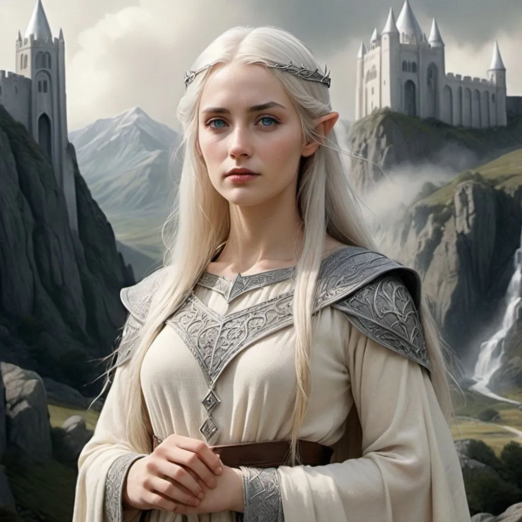Prompt: A human lady of Minas Tirith Gondor of Tolkien;s Middle Earth kinda 80s style amime look feel