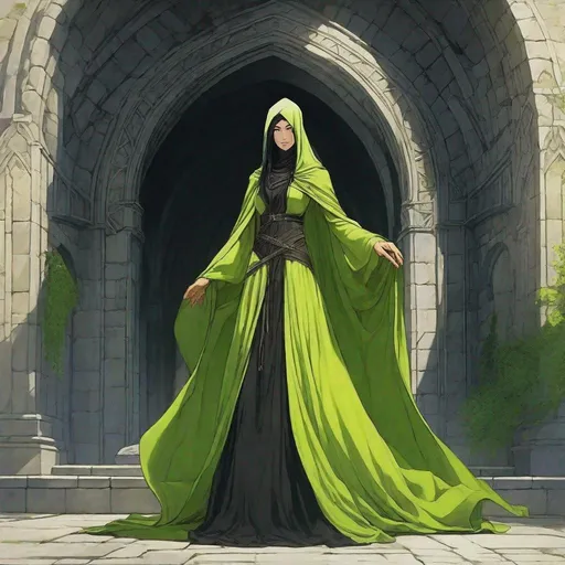 Prompt:  human lady of Minas Tirith Gondor with darker black hair of Tolkien's Middle Earth kinda very  80s style and loose  headveil over head anime look feel detailed defined loose bright vivid rich flowy detailed loose flowy vivid light lime yellow green gown dress in full body pic