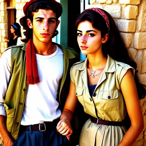 Prompt: Very realistic, very vibrant,authentic looks and feel israeli very early to late very very  all thruout the very very like1960s styles looks true to the period and the place style period styles real realistic looks 1960s in Israel style women with 1960s bouffant hairstyles guys shorter natural like hair kinda buffed strong looking kinda kinda lighter olive/tan skin color attractive/handsome very youth both male and female very israelis sabras look in israel in israeli kibbutzs and Israeli towns very 1960s Israeli fashions styles looking real like authentic natural looking very israeli style very Israeli look ansd feel Israeli vivid like colors full body shots pics young people in group settings variety of realistic real like physical types and looks with some lighter looking very Israeliana with more vivid brighter look and details kinda anime feel very Israeli mediterranean 