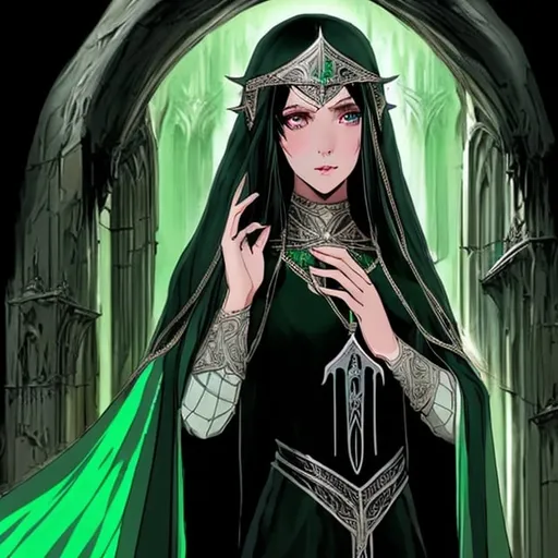 Prompt:  human lady of Minas Tirith Gondor with darker black hair of Tolkien's Middle Earth kinda very  80s style and loose  headveil over head anime look feel detailed defined loose bright vivid rich flowy detailed loose flowy vivid green gown dress in full body pic