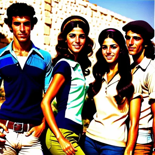 Prompt: Very high quality realistic, very vibrant,authentic looks and feel  , israeli 1960s true to period and place style period styles  real realistic looks 60s style women with60s  hairstyles guys shorter natural like hair kinda buffed strong looking kinda  kinda lighter olive/tan skin color attractive/handsome very youth both male and female very israelis sabras look in israel in israeli kibbutz  very 70s Israeli fashions styles looking real like authentic natural looking very israeli style very Israeli look ansd feel Israeli vivid like colors full body shots pics young people in group settings variety of realistic real like physical types and looks with some lighter looking
