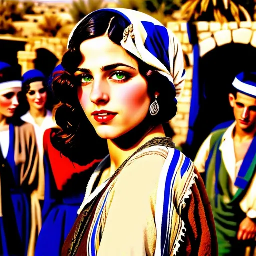 Prompt: Very realistic, very vibrant,authentic looks and feel israeli very early to late 1920s true period and place style period styles real realistic looks 1920s in Israel style women with 1920s hairstyles guys shorter natural like hair kinda buffed strong looking kinda kinda lighter olive/tan skin color attractive/handsome very youth both male and female very israelis sabras look in israel in israeli kibbutz very 1920s Israeli fashions styles looking real like authentic natural looking very israeli style very Israeli look ansd feel Israeli vivid like colors full body shots pics young people in group settings variety of realistic real like physical types and looks with some lighter looking very Israeliana with more vivid brighter look and details