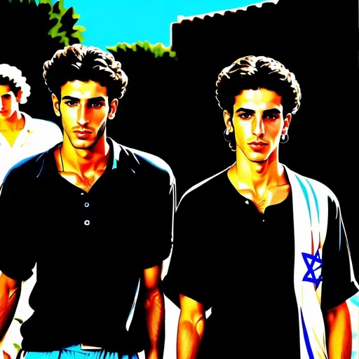 Prompt: high quality, HD LOOK FEEL HIGH REZ very vibrant,  energetic, fluid shapes, israeli 1980s period styles looks 80s style women with big kinda hairstyles guys shorter naturall like hair kinda buffed strong looking kinda mediterranean kinda olive skin color attractive/handsome very youth both male and female very israelis sabras look in israel in israeli kibbutz 80s fashions looking real like authentic natural looking very israeli style very Israeli look ansd feel Israeli vivid like colors full body shots pics young people in group settings variety of realistic real like physical types and looks