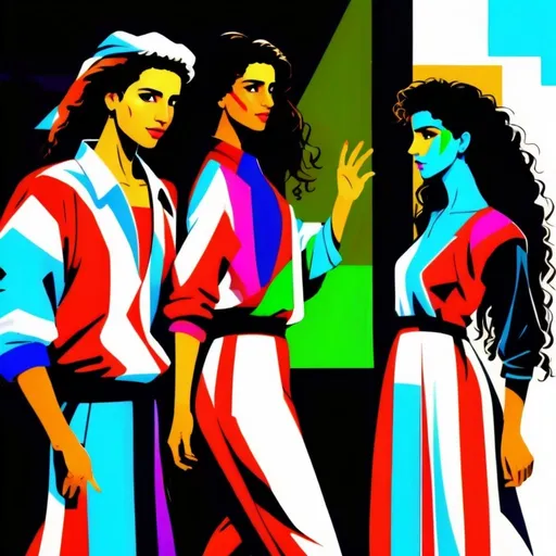 Prompt: dynamic composition, digital rendering, high quality, vibrant,  energetic, fluid shapes, , digital art israeli 1980s period styles looks 80s style women with big kinda hairstyles guys shorter naturall ike hair kinda buffed strong looking kinda mediterramean kinda olive skin color attractive/handsome very youth both male and female very israelis sabras look in israel in israeli kibbutz 80s fashions looking real like authentic natural looking very israeli style in israeli folk dance dress very Israeli look ansd feel Israeli vivid like colors fukk body shots oics