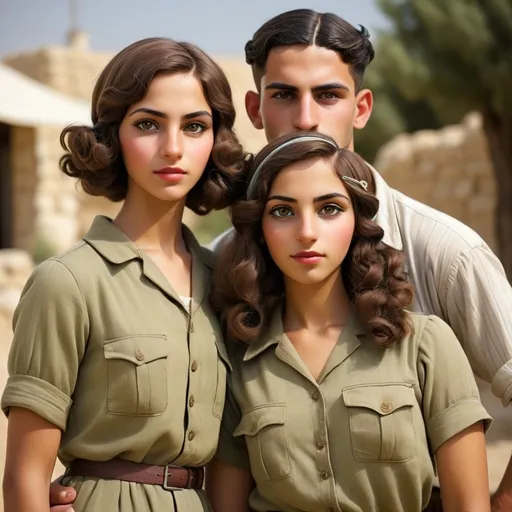 Prompt: Very realistic, very vibrant,authentic looks and feel israeli  very mid to late 1920s true period and place style period styles real realistic looks 1920s in Israel style women with 1920s hairstyles guys shorter natural like hair kinda buffed strong looking kinda kinda lighter olive/tan skin color attractive/handsome very youth both male and female very israelis sabras look in israel in israeli kibbutz very 1929s Israeli fashions styles looking real like authentic natural looking very israeli style very Israeli look ansd feel Israeli vivid like colors full body shots pics young people in group settings variety of realistic real like physical types and looks with some lighter looking very Israeliana