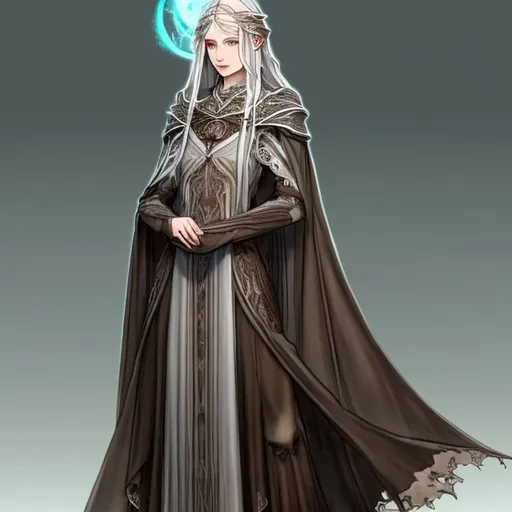 Prompt: A human lady of Minas Tirith Gondor with dark or brown hair of Tolkien's Middle Earth kinda very  80s style amime look feel detailed defined loose briht flowy detailed gown dress 