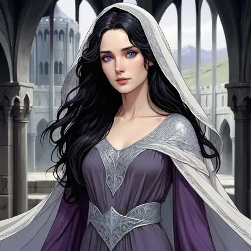 Prompt:  human lady of Minas Tirith Gondor with darker black hair  and darkish purple eyes of Tolkien's Middle Earth kinda very  80s style and loose  headveil  loosely draped and revealing her  very night dark  raven wavy flowing hair head anime look feel detailed defined loose bright vivid rich flowy detailed loose kinda filmy flowy vivid light pale silver skyblue gown dress  with patterns and desighns detailed in full body pic