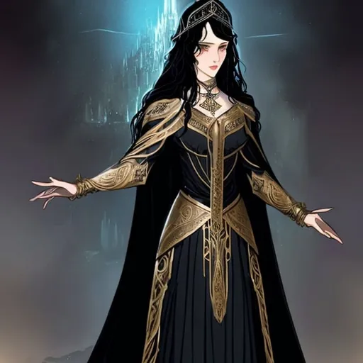 Prompt:  human lady of Minas Tirith Gondor with darker black hair of Tolkien's Middle Earth kinda very  80s style and loose  headveil over head anime look feel detailed defined loose bright vivid rich flowy detailed gown dress in full body pic