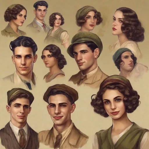 Prompt: Very realistic, very vibrant,authentic looks and feel israeli very early to late 1920s true period and place style period styles real realistic looks 1920s in Israel style women with 1920s hairstyles guys shorter natural like hair kinda buffed strong looking kinda kinda lighter olive/tan skin color attractive/handsome very youth both male and female very israelis sabras look in israel in israeli kibbutz very 1920s Israeli fashions styles looking real like authentic natural looking very israeli style very Israeli look ansd feel Israeli vivid like colors full body shots pics young people in group settings variety of realistic real like physical types and looks with some lighter looking very Israeliana with more vivid brighter look and details kinda anime feel very Israeli mediterraniea middle eastern feel