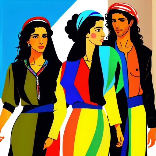 Prompt: dynamic composition, digital rendering, high quality, vibrant,  energetic, fluid shapes, israeli 1980s period styles looks 80s style women with big kinda hairstyles guys shorter naturall ike hair kinda buffed strong looking kinda mediterramean kinda olive skin color attractive/handsome very youth both male and female very israelis sabras look in israel in israeli kibbutz 80s fashions looking real like authentic natural looking very israeli style in israeli folk dance dress very Israeli look ansd feel Israeli vivid like colors fukk body shots oics