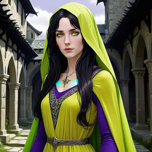 Prompt:  human lady of Minas Tirith Gondor with darker black hair  and darkish purple eyes of Tolkien's Middle Earth kinda very  80s style and loose  headveil  loosely draped and revealing her night dark flowing hair head anime look feel detailed defined loose bright vivid rich flowy detailed loose flowy vivid light lime yellow green gown dress  with patterns and desighns detailed in full body pic