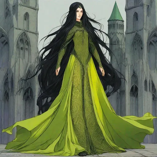 Prompt:  human lady of Minas Tirith Gondor with darker black hair of Tolkien's Middle Earth kinda very  80s style and loose  headveil  loosely draped and revealing her night dark flowing hair head anime look feel detailed defined loose bright vivid rich flowy detailed loose flowy vivid light lime yellow green gown dress  with patterns and desighns detailed in full body pic