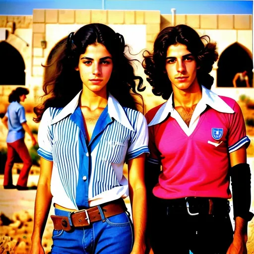 Prompt: Very high quality realistic, very vibrant,authentic looks and fee  energetic, israeli 1970s period styles looks 80s style women with big kinda hairstyles guys shorter naturall like hair kinda buffed strong looking kinda mediterranean kinda olive skin color attractive/handsome very youth both male and female very israelis sabras look in israel in israeli kibbutz  very 70s Israeli fashions styles looking real like authentic natural looking very israeli style very Israeli look ansd feel Israeli vivid like colors full body shots pics young people in group settings variety of realistic real like physical types and looks with some lighter looking
