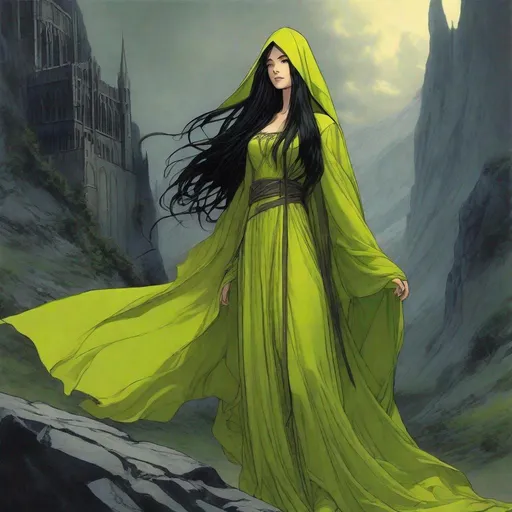 Prompt:  human lady of Minas Tirith Gondor with darker black hair of Tolkien's Middle Earth kinda very  80s style and loose  headveil  loosely draped and revealing her night dark flowing hair head anime look feel detailed defined loose bright vivid rich flowy detailed loose flowy vivid light lime yellow green gown dress in full body pic