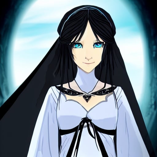 Prompt:  human lady of Minas Tirith Gondor with darker black hair of Tolkien's Middle Earth kinda very  80s style and loose  headveil over head anime look feel detailed defined loose bright vivid rich flowy detailed loose flowy vivid light blue gown dress in full body pic