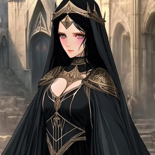 Prompt:  human lady of Minas Tirith Gondor with darker black hair of Tolkien's Middle Earth kinda very  80s style and loose  headveil over head anime look feel detailed defined loose bright vivid rich flowy detailed gown dress in full body pic