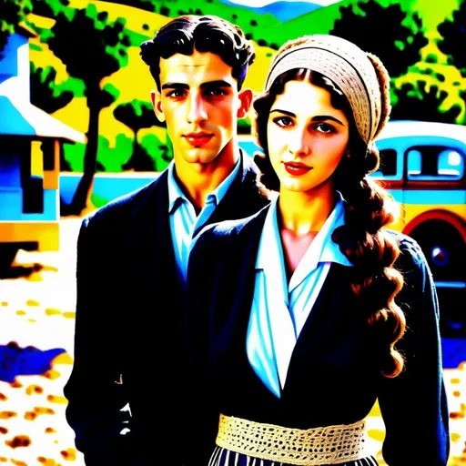 Prompt: Very realistic, very vibrant,authentic looks and feel israeli very early to late 1930s true period and place style period styles real realistic looks  very 1930s in Israel style women with more men males youth included in with 1930s hairstyles guys shorter natural like hair kinda buffed strong looking kinda kinda lighter olive/tan skin color attractive/handsome very youth both male and female very israelis sabras look in israel in israeli kibbutz very 1930s Israeli fashions styles looking real like authentic natural looking very israeli style very Israeli look ansd feel Israeli bright colors full body shots pics young people in group settings variety of realistic real like physical types and looks with some lighter looking very Israeliana