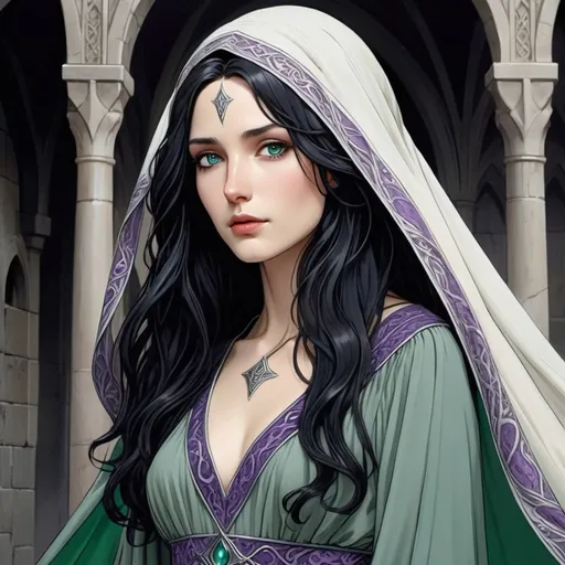 Prompt:  human lady of Minas Tirith Gondor with darker black hair  and darkish purple eyes of Tolkien's Middle Earth kinda very  80s style and loose  headveil  loosely draped and revealing her  very night dark  raven wavy flowing hair head anime look feel detailed defined loose bright vivid rich flowy detailed loose flowy vivid light pale silvery skyblue  green gown dress  with patterns and desighns detailed in full body pic