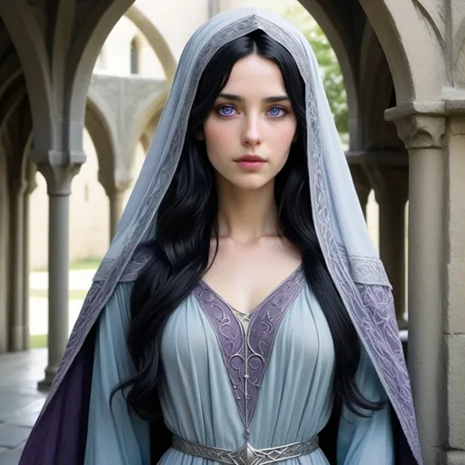 Prompt:  human lady of Minas Tirith Gondor with darker black hair  and darkish purple eyes of Tolkien's Middle Earth kinda very  80s style and loose  headveil  loosely draped and revealing her  very night dark  raven wavy flowing hair head anime look feel detailed defined loose bright vivid rich flowy detailed loose kinda filmy flowy vivid light pale silver skyblue gown dress  with patterns and desighns detailed in full body pic in a courtyard garden