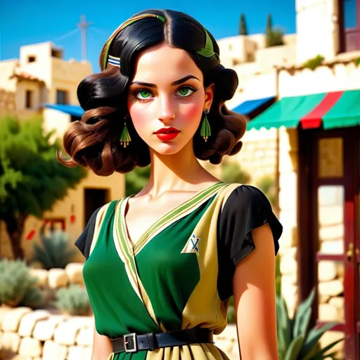 Prompt: Very realistic, very vibrant,authentic looks and feel israeli from  very early to late 1930s true period and place style period styles real realistic looks 1920s in Israel style women with 1920s hairstyles guys shorter natural like hair kinda buffed strong looking kinda kinda lighter olive skin color attractive/handsome very youth both male and female very israelis sabras look in israel in israeli kibbutz and towns very 1929s Israeli fashions styles looking real like authentic natural looking very israeli style very Israeli look ansd feel Israeli vivid like colors full body shots pics young people in group settings variety of realistic real like physical types and lookshaving some lighter fairer looking  types with more young men youth in themand very Israeliana vivid colors with jet or raven black very dark hair to lighter blondish having shades of greens yellows blues of all shades greens reds in piece brighter shades in dress and styles with very precise exact detailin styling definitions designing including all mentioned very 1930s style fashion in Israel looks