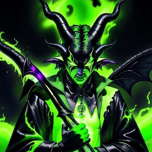 Prompt: 4k , profesional , high definition,  cinematic lighting of plutonium turn into a demon from hell utilizing Baphomet as the base of this model with lime green accents , green eyes , radioactive horns, holding a radioactive scythe in his righ arm , black leather robe , molten green lava 