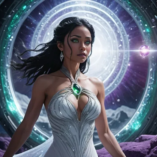 Prompt: 4k,high definition, high quality, profesional, cinematic lighting, 6 feet tall , muscular ,green eye , black hair goddess,  wearing a white dress with platinum and diamonds,walking out of a purple wormhole leading to a nother universe , the scene outside the wormhole is a frozen blue crystal planet 