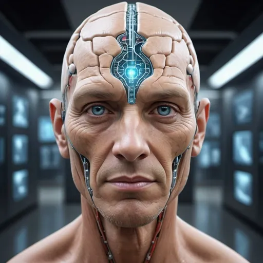 Prompt: 4k , high definition , professional,  high quality prediction of how humans would look in 1 million years with technology enhancements added to their bodies and a higher brain function 