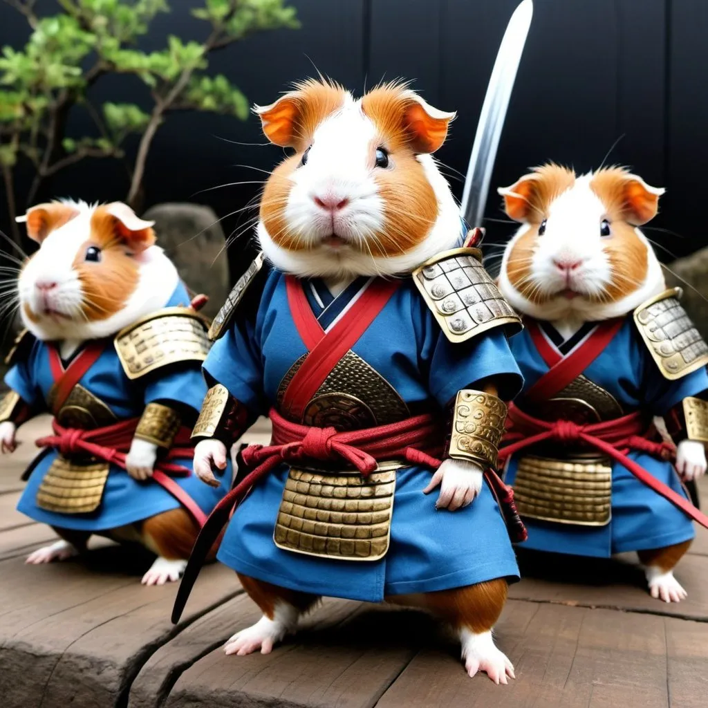 Prompt: Ancient Japanese Guinea Pig Warriors in full Samurai battle gear.