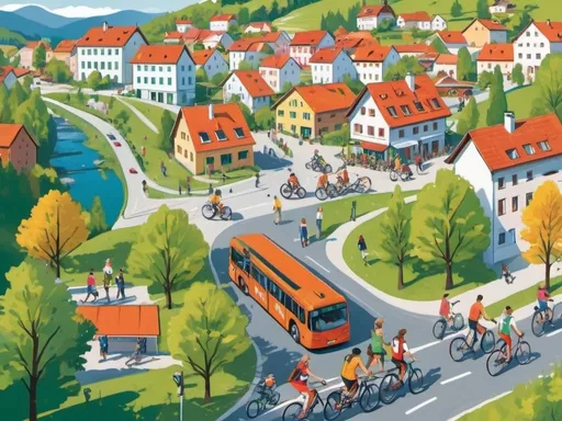 Prompt: Vibrant illustration of Ruše, small village in Slovenia, showcasing sustainable mobility, bustling streets with cyclists, pedestrians, and bus commuters, eco-friendly atmosphere, green foliage, vibrant and lively, sustainable urban living, colorful, sunny and bright, sustainable transportation, happy pedestrians, cyclists, best quality, detailed illustration, sustainable living, energetic atmosphere, cheerful and colorful, urban, sustainable mobility, picture from above, Pohorje hill in the background, vibrant colors, a lot of people on the streets.