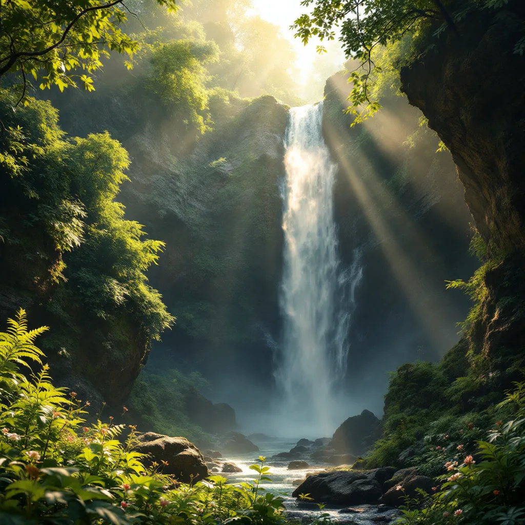 Prompt: Please create a mystic lush green rocky forest picture with a waterfall flowing down and morning sun rays in the background. 
