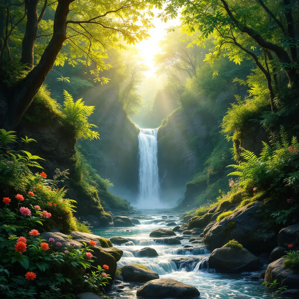 Prompt: Please create a mystic lush green rocky forest picture with a waterfall flowing down and morning sun rays in the background. 