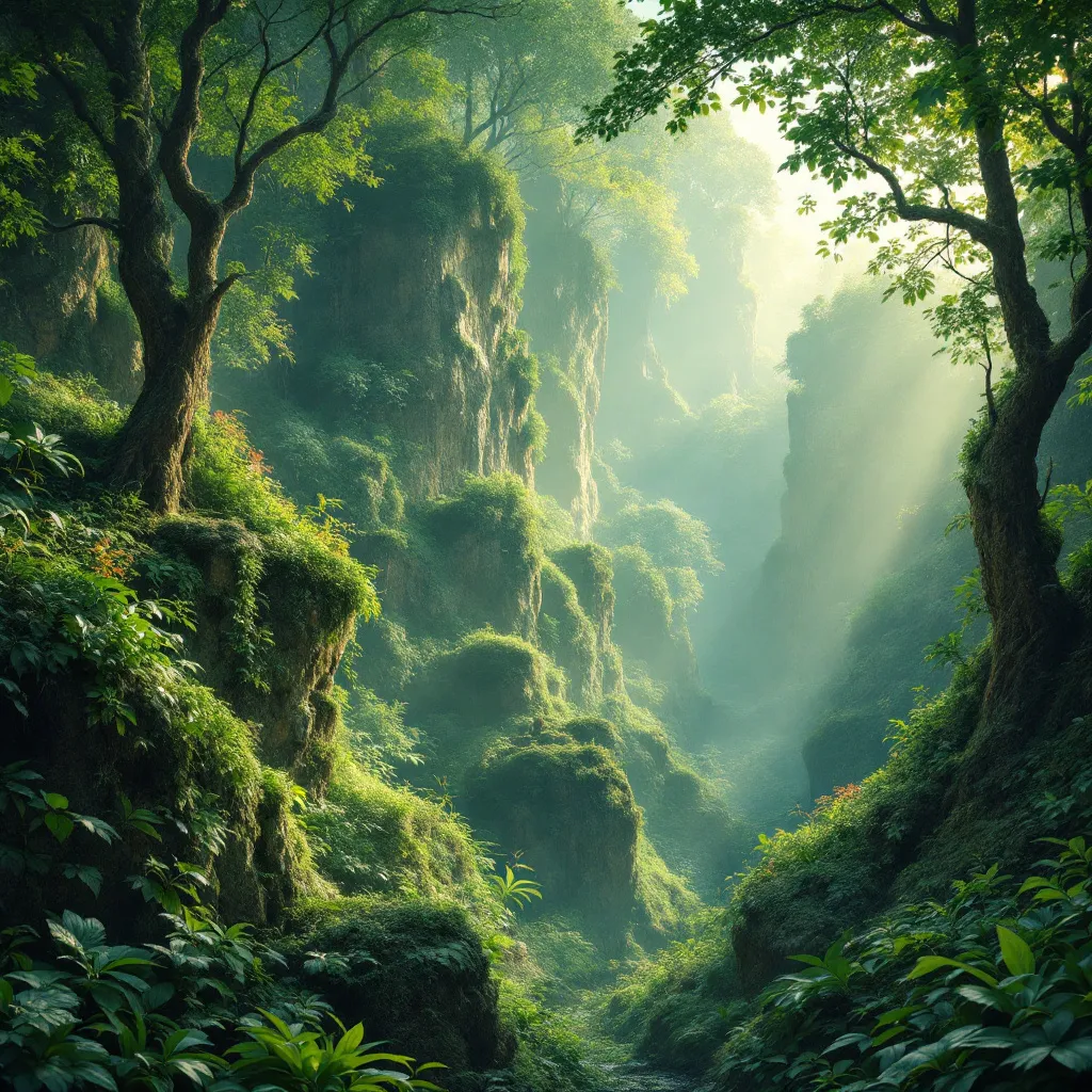 Prompt: Please create a mystic lush green rocky forest picture with a waterfall flowing down and morning sun rays in the background. 