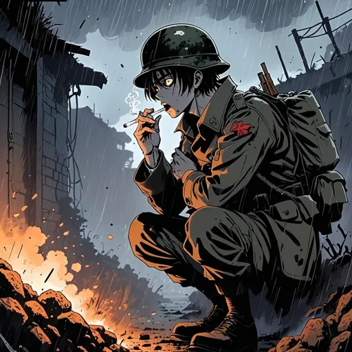 Prompt: 2d dark j horror anime style, soldier in trenches smoking cigarette, raining, granade exploding, anime scene