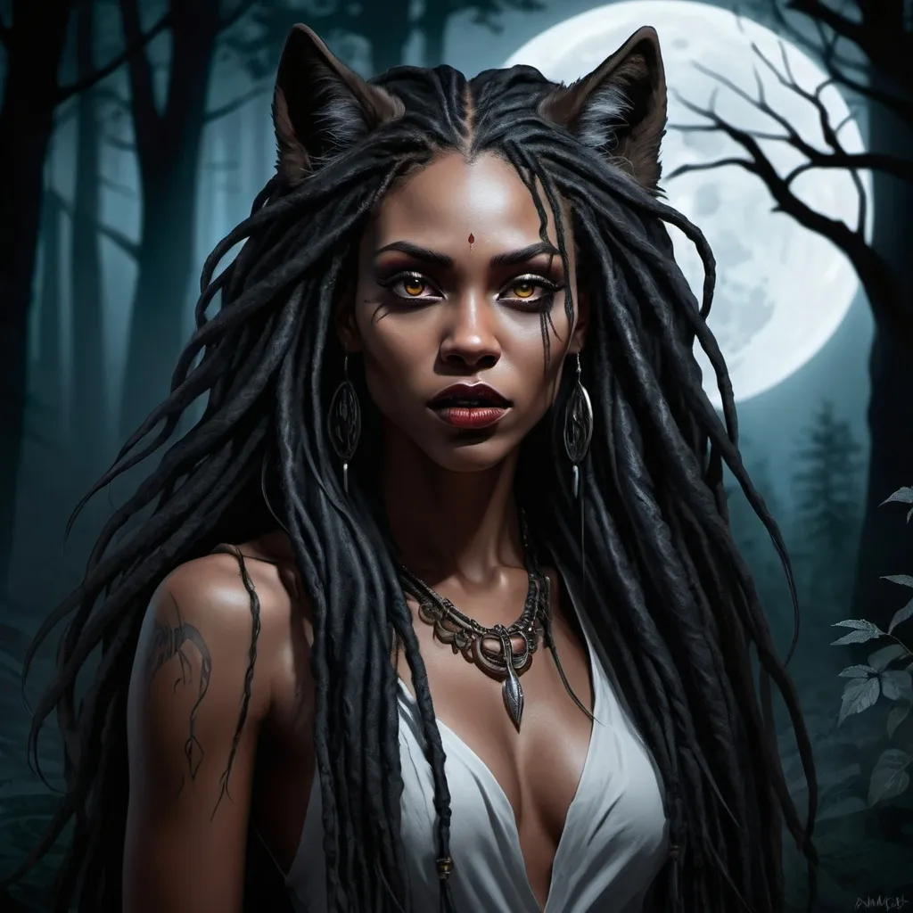 Prompt: Black woman with long black dreadlocks half wolf and half vampire 