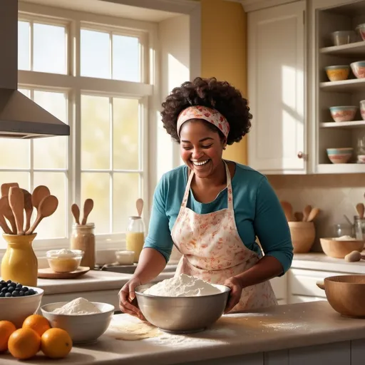 Prompt: Happiness is homemade black woman baking a cake