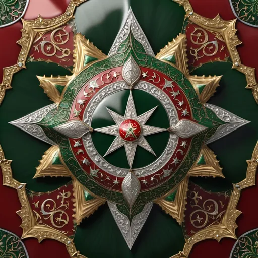 Prompt: Ottoman Order of Osmanieh digital artwork,Red and green enamel star shape, centered with the Ottoman tughra, adorned with gold and silver embellishments.