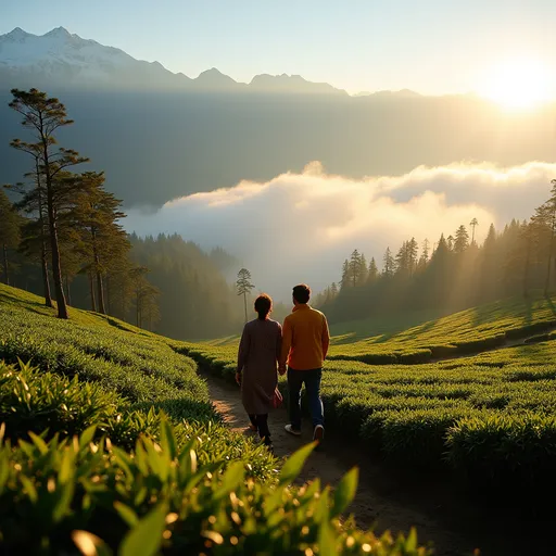 Prompt: "Envision a couple embarking on a romantic getaway to the scenic hill stations of Darjeeling and Gangtok. In Darjeeling, they stroll hand-in-hand through mist-covered tea gardens, sip on warm cups of locally brewed tea, and witness the breathtaking sunrise from Tiger Hill with the majestic Himalayas in the background. Their journey continues to Gangtok, where they explore peaceful monasteries, enjoy a cable car ride with stunning views of the valleys, and take in the beauty of Tsomgo Lake. Amid the serene landscapes, cozy moments, and vibrant local culture, their trip becomes an unforgettable escape into nature's splendor."