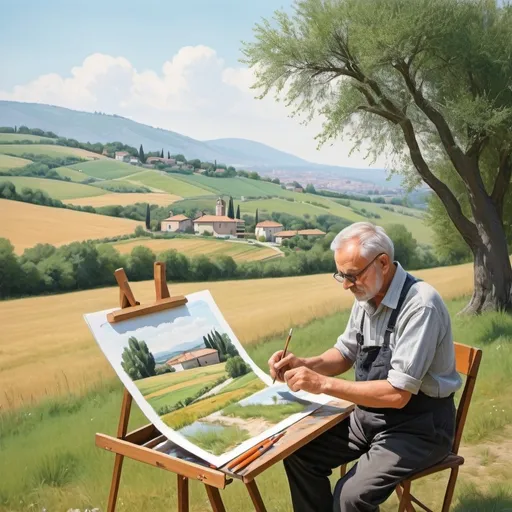 Prompt: Illustration of a italian polish 65 year old great artist drawing landscaape