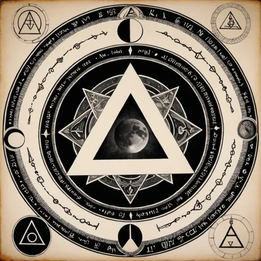 Prompt: a central circle containing an inverted triangle. This triangle is surrounded by various esoteric symbols, each with its own meaning:

Inverted Triangle within a Circle: Represents Trinity, balance, and strength.
Hexagram (Kabbalistic Symbols): Suggests balance and the union of opposites.
Neptune (♆, Astrological Symbols): Associated with intuition, dreams, and spirituality.
Pluto (♇, Astrological Symbols): Symbolizes transformation, power, and regeneration.
Ansuz (A, Runes): Related to communication, wisdom, and revelation.
Kenaz (K, Runes): Represents knowledge, inspiration, and clarity.
Perthro (P, Runes): Associated with destiny, luck, and mystery.
Dagaz (D, Runes): Reflects day, clarity, and awakening.
The inverted triangle at the center emphasizes depth and spirituality, while the surrounding symbols enrich the esoteric and mystical context of the image.