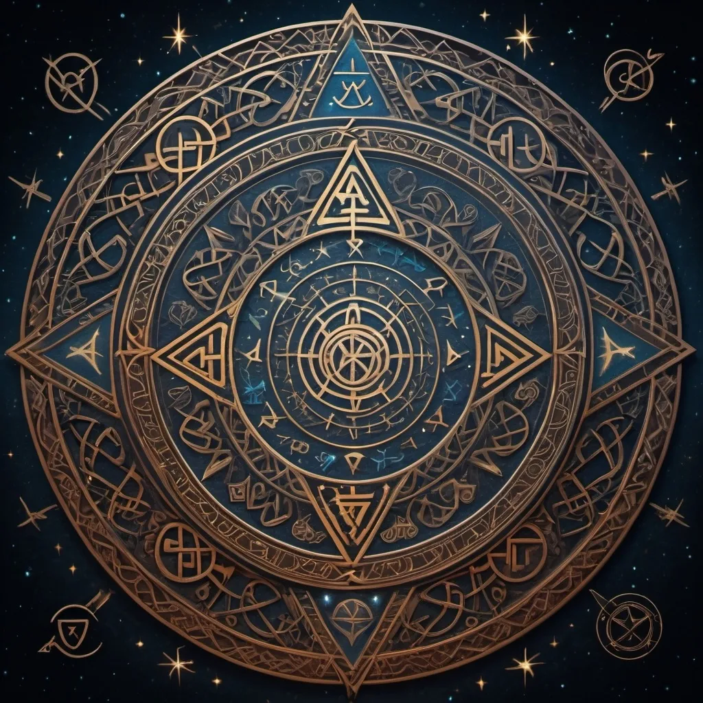 Prompt: symbols form an intricate pattern: curved lines intertwined with geometric figures and a central symbol that stands out — a circle surrounded by runes and stars, with a downward-pointing triangle.

