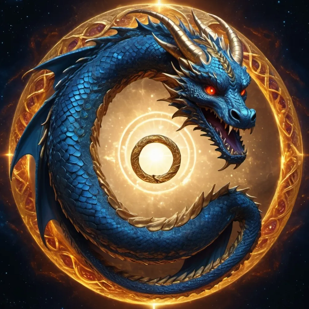 Prompt: The Ouroboros, a dragon biting its own tail to form a circle, represents the unity and eternity of the All, symbolizing the infinite cycle of birth and destruction, as well as the self-sufficient nature of the universe.






