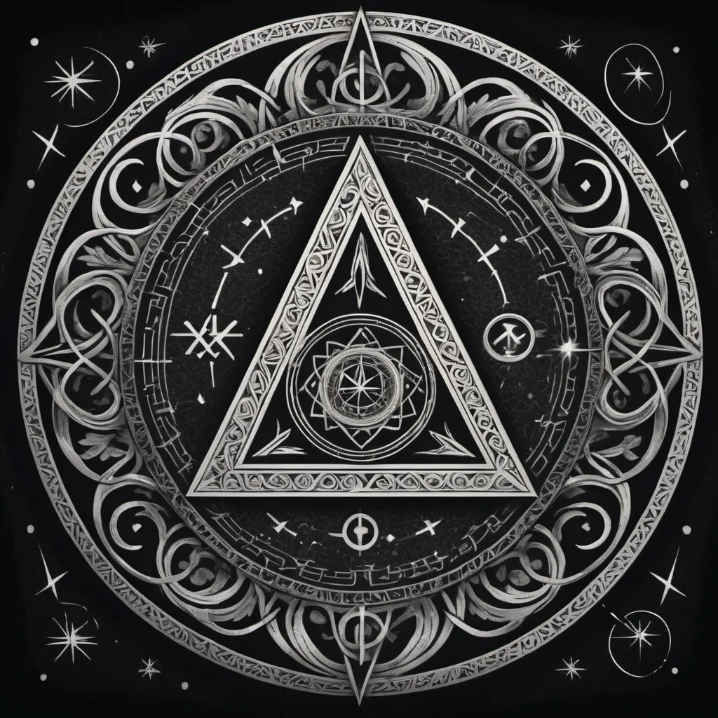 Prompt: symbols with a downward-pointing triangle.orm an intricate pattern: curved lines intertwined with geometric figures and a central symbol that stands out — a circle surrounded by runes and stars, 

