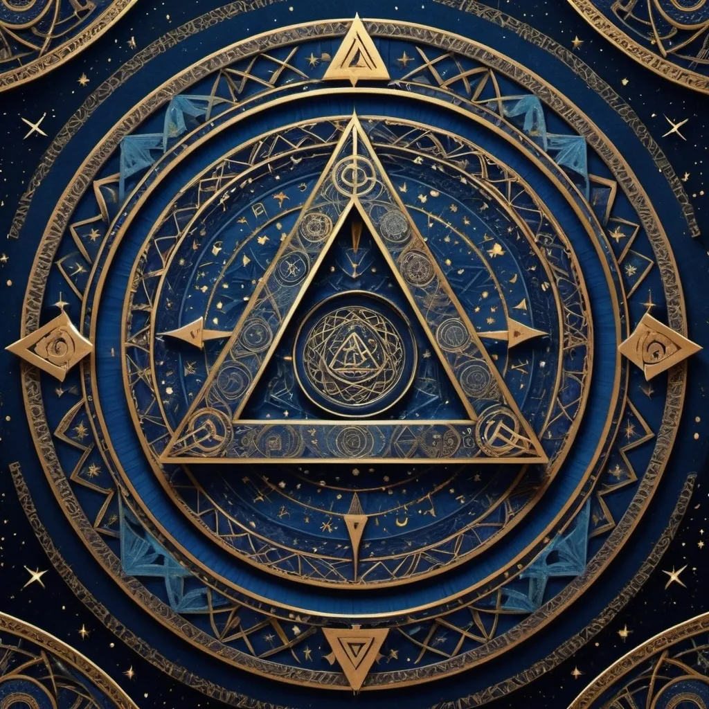 Prompt: symbols with a downward-pointing triangle.orm an intricate pattern: curved lines intertwined with geometric figures and a central symbol that stands out — a circle surrounded by runes and stars, 

