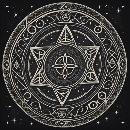 Prompt: symbols form an intricate pattern: curved lines intertwined with geometric figures and a central symbol that stands out — a circle surrounded by runes and stars, with a downward-pointing triangle.

