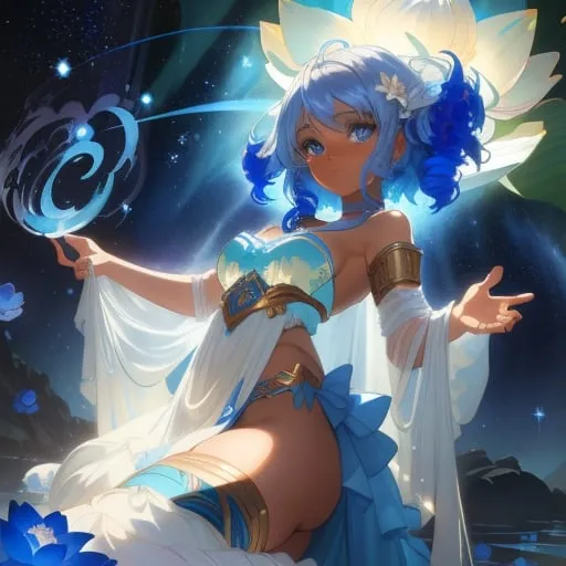 Prompt: splash art of a cute halfling woman with dark ebony skin and silver curly hair,curly hair, blue highlighs,  blue eyes, in the style of an oil painting, bright  colors, dreamy, white ball gown , gown, by Ilya Kuvshinov and Alphonse Mucha, ,  lotus flower, stars, flower, pastel colors, dreamy, in a dynamic pose, soft light, in watercolor style,