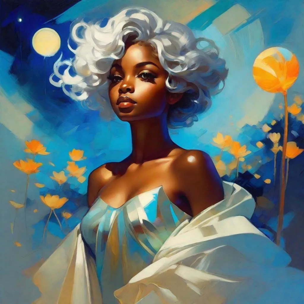 Prompt: splash art of a cute halfling woman with dark ebony skin and silver curly hair,curly hair, blue highlighs,  blue eyes, in the style of an oil painting, bright  colors, dreamy, white ball gown , gown, by Ilya Kuvshinov and Alphonse Mucha, ,  lotus flower, stars, flower, pastel colors, dreamy, in a dynamic pose, soft light, in watercolor style,