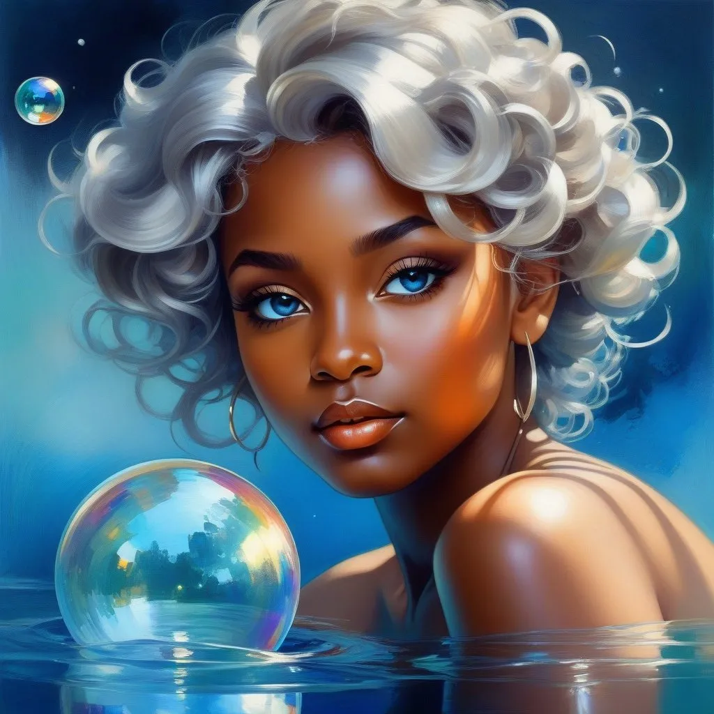 Prompt: splash art of a cute halfling woman with dark ebony skin and silver curly hair,curly hair, blue highlighs,  blue eyes, in the style of an oil painting, bright  colors, dreamy, white ball gown , gown, by Ilya Kuvshinov and Alphonse Mucha, by Ilya Kuvshinov and Alphonse Mucha,  ,  lotus flower, stars, flower,bubbles, rosy colors, dreamy, in a dynamic pose, soft light, in watercolor style,in a lake. Body of water